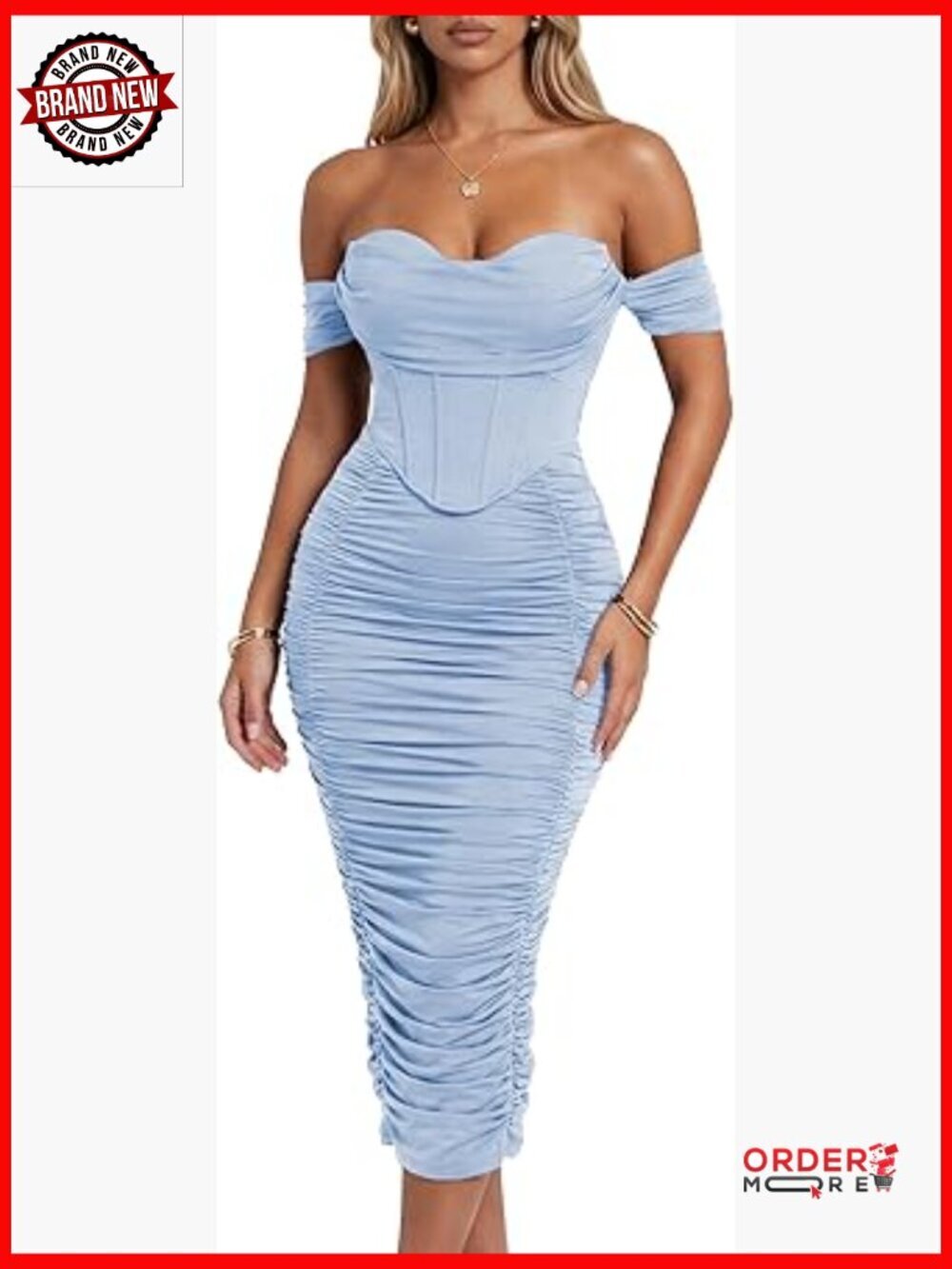 Off Shoulder Midi Dress Built-in Bra Ruched Corset Bodycon Formal Party